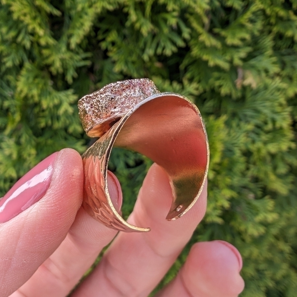 Artisan Handmade In Morocco Adjustable Pink Geode Wide Band Gold Ring Size 9.25 - Picture 5 of 9